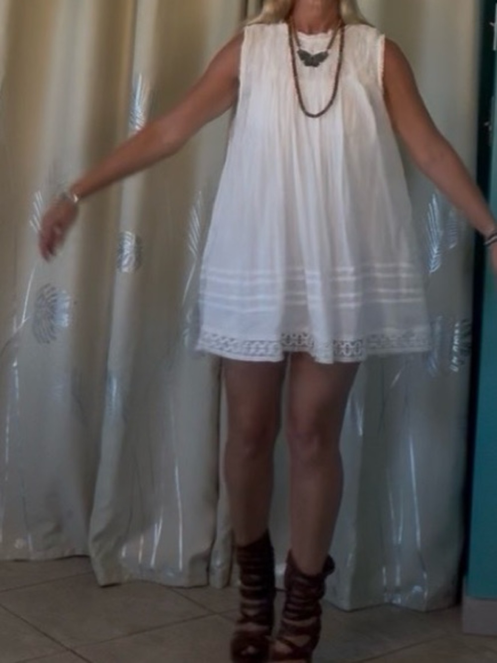 Free People White Babydoll Lace-Trim Mini Dress